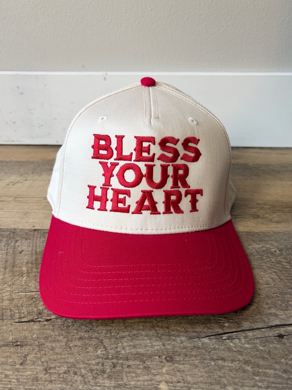 OTTO Bless Your Heart Embroidered Snap Back Trucker Hat in Red/Cream OSFM